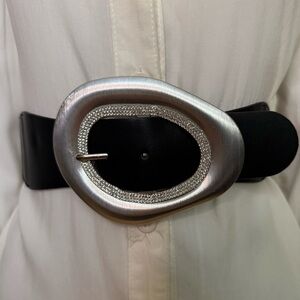 Black PU leather silver tone buckle rhinestone details elastic waistband belt